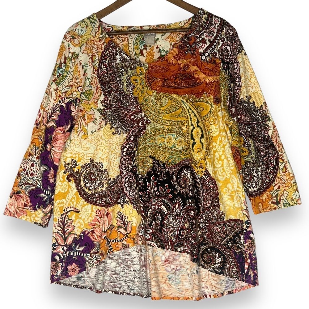 Chico's L Boho‎ Paisley Cotton Modal Blouse Neutral 2 Artsy Art to Wear Light